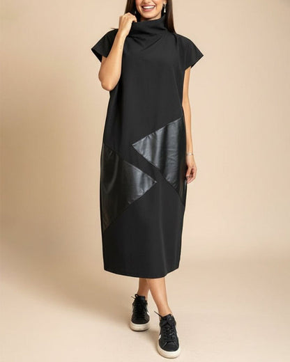 Kleid Hoher Kragen Pu Patchwork Kurzarm