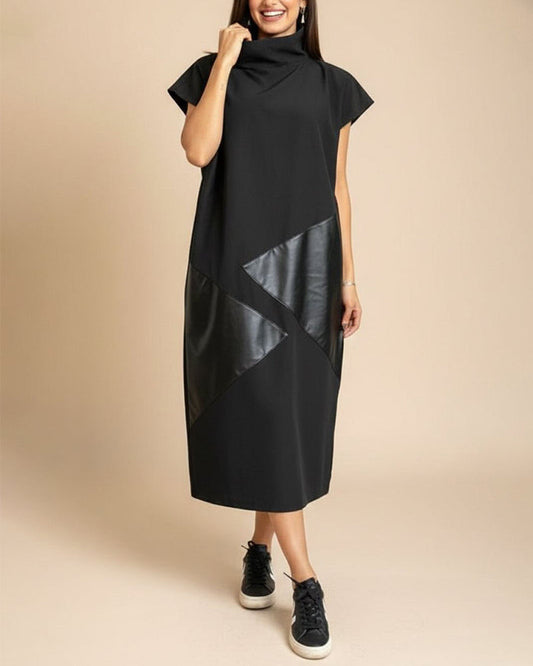 Kleid Hoher Kragen Pu Patchwork Kurzarm
