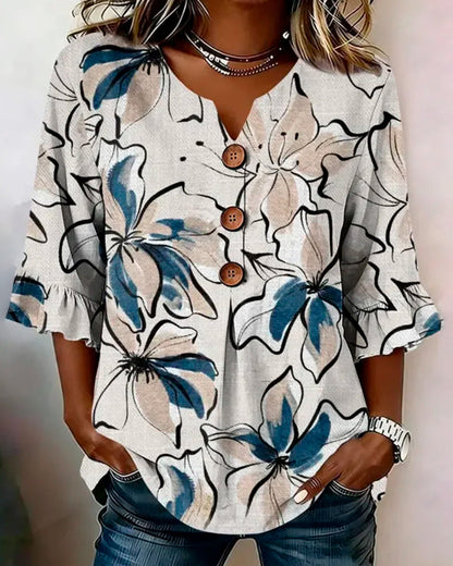 Bluse V-Ausschnitt Blumen Rüsche 3/4-Arm