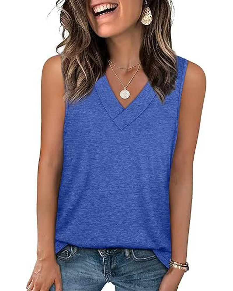 Tanktop T-Shirt Damen Ärmellos V-Ausschnitt Schlankmachend Locker Passform Lässig