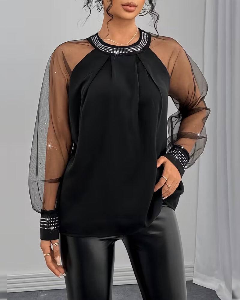 Bluse Heiß Strass Mesh Langarm Modisch