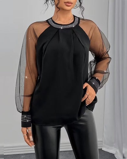 Bluse Heiß Strass Mesh Langarm Modisch