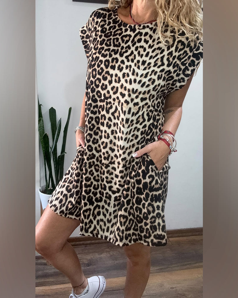 Kleid Rundhals Leopard Druck Mode