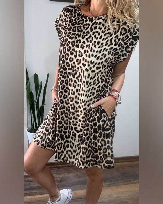 Kleid Rundhals Leopard Druck Mode