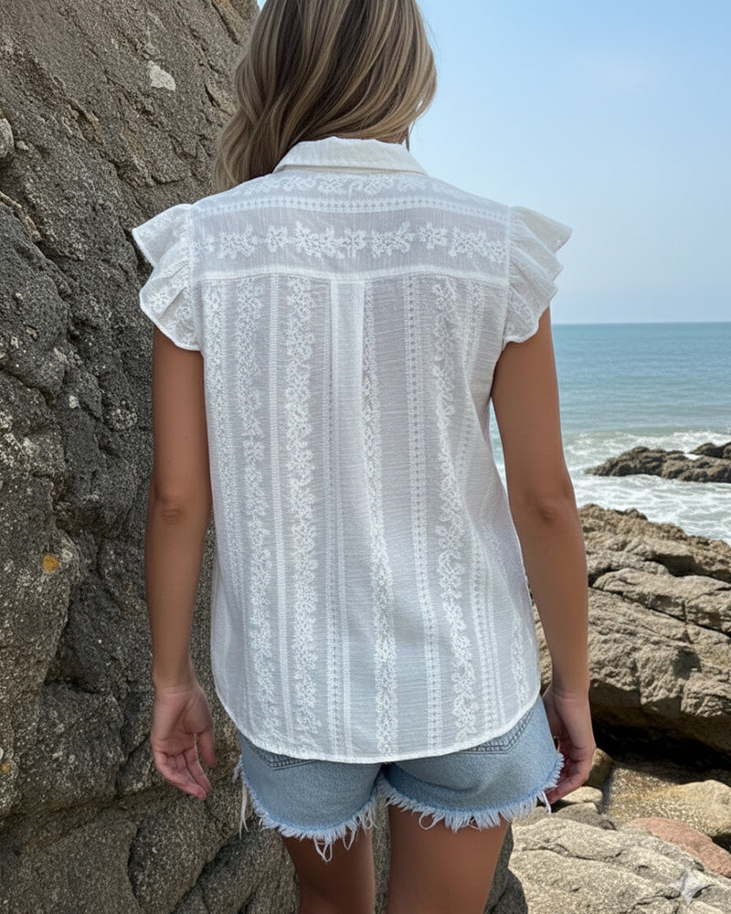 Bluse Revers bestickt Rüschenärmel