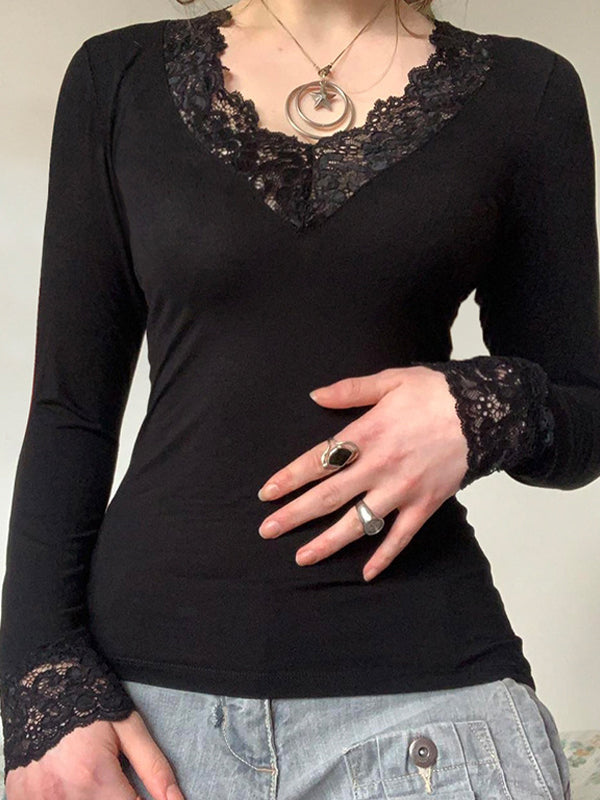 Klassisches Schwarzes Longsleeve Shirt mit V Ausschnitt und Spitzenstickerei