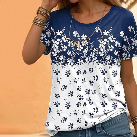 T-Shirt Mit Farbblock-Blumenmuster Blau