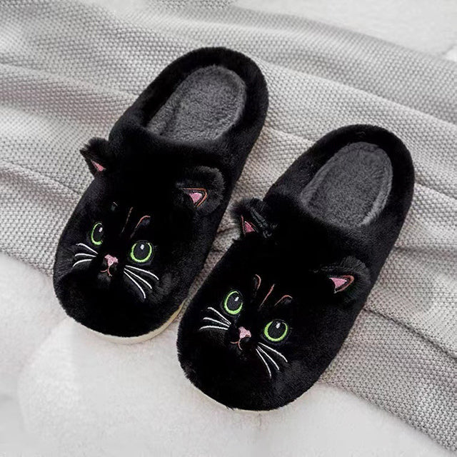 Warme Plüschhausschuhe In Katzenform Schwarz