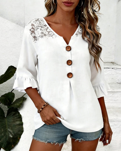 Bluse Rüsche V-Ausschnitt Spitze Patchwork