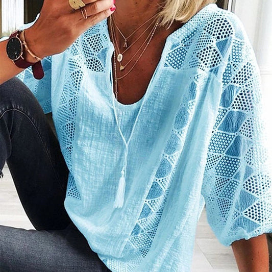 Blue lace blouse with tassels - Anna