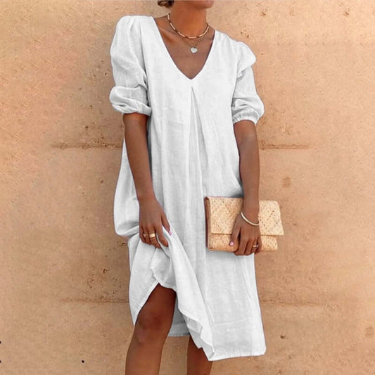 White linen dress with V-neck - Anna