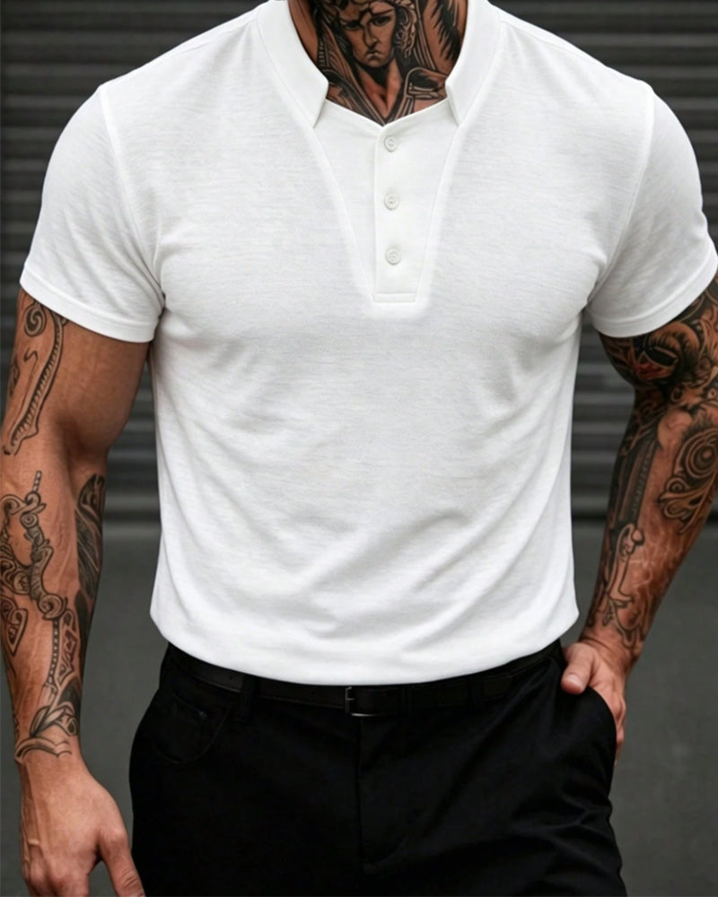 Herren T-Shirt Mandarin-Kragen Knopf Mode