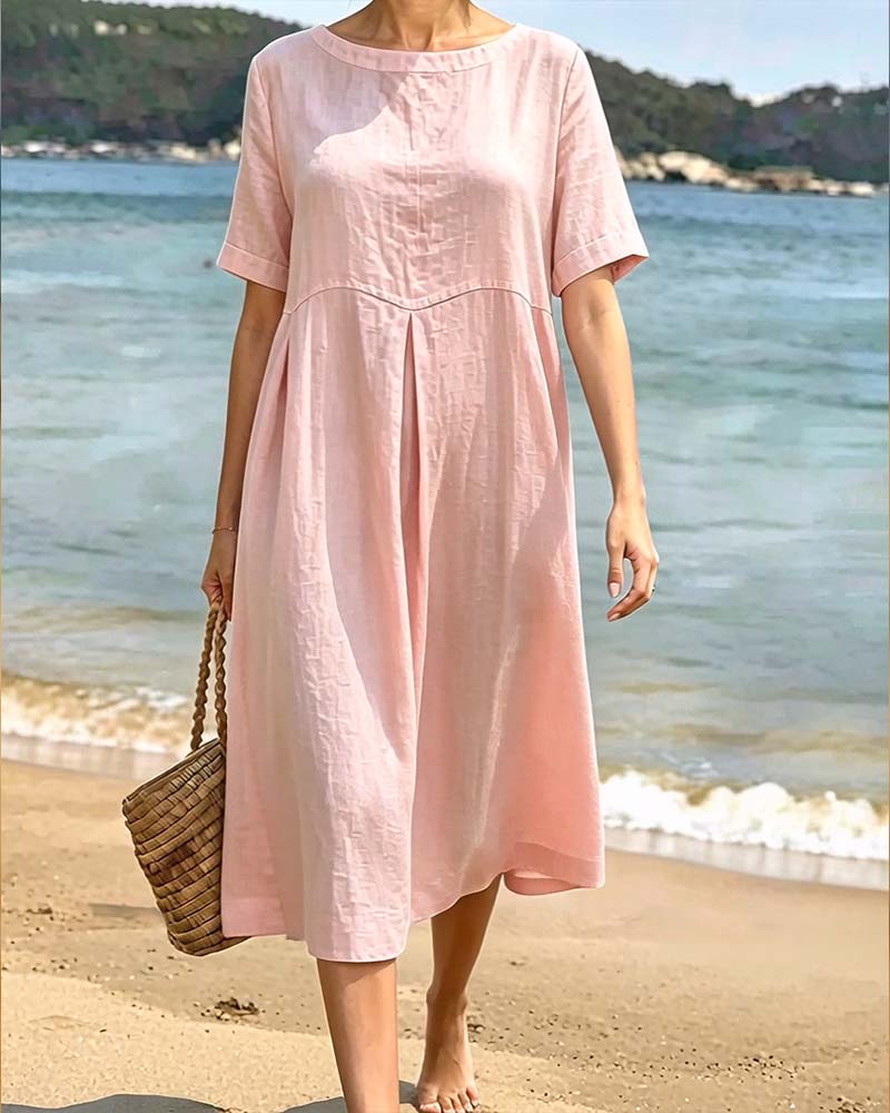 Kleid Rundhalsausschnitt Kurzarm Einfarbig Entspannt