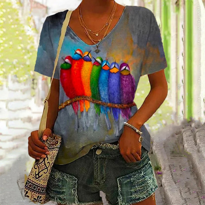 Abstraktes Vogel-Buntes T-Shirt Mehrfarbig