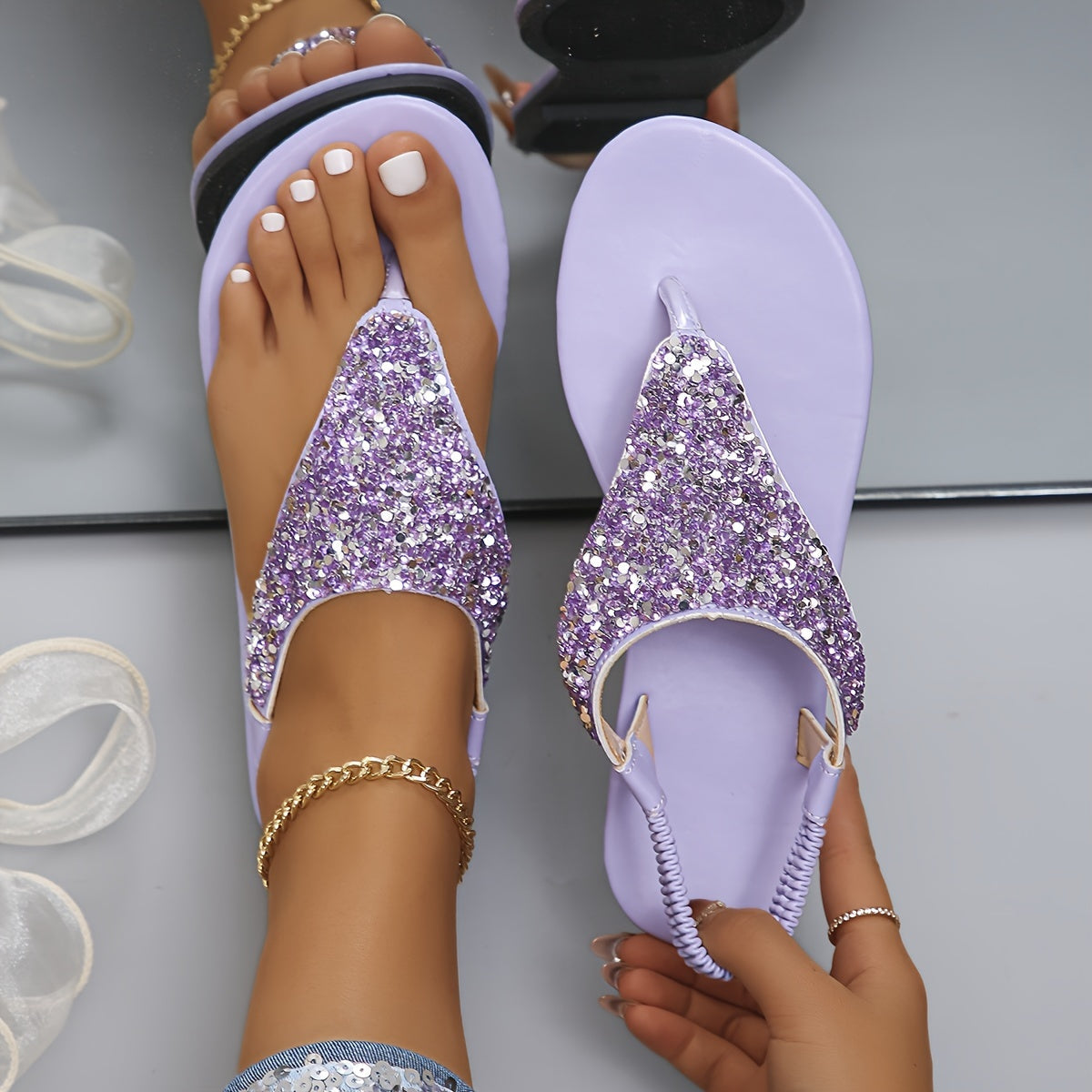 Gold glitter sandals with rhinestones and thong - Ella