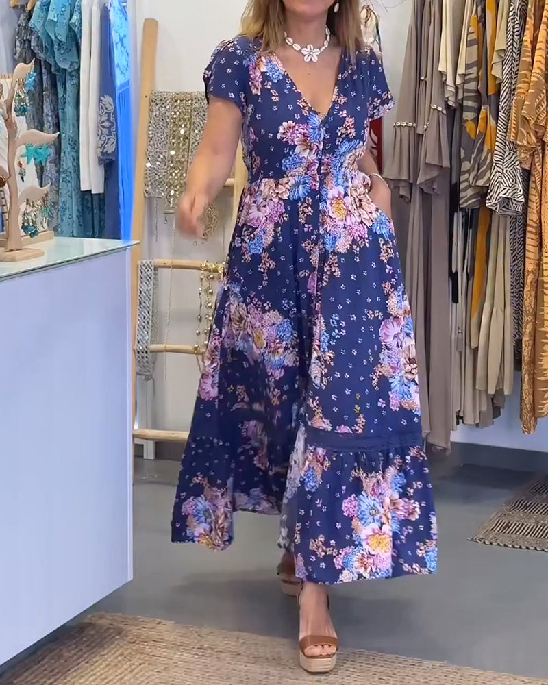 Kleid Blumendruck V-Ausschnitt Maxi