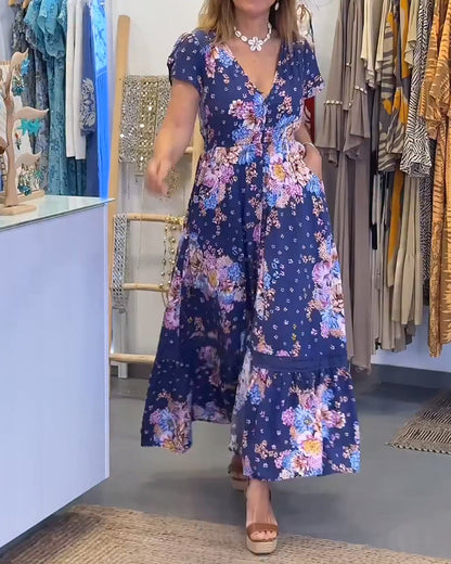 Kleid Blumendruck V-Ausschnitt Maxi