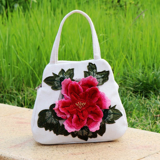 Ethnische Tasche Mit Blumenstickerei Beige