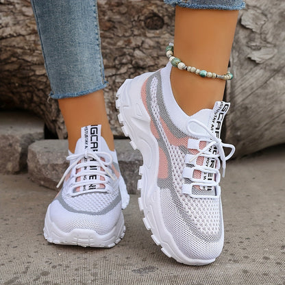 White-Pink Sneakers - Women's Mesh Breathable Sneakers