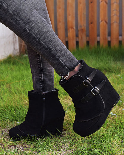 Pointed wedge heel belt buckle zip-up boots