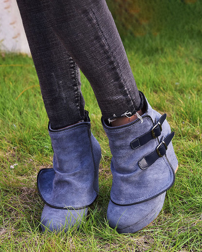 Pointed wedge heel belt buckle zip-up boots