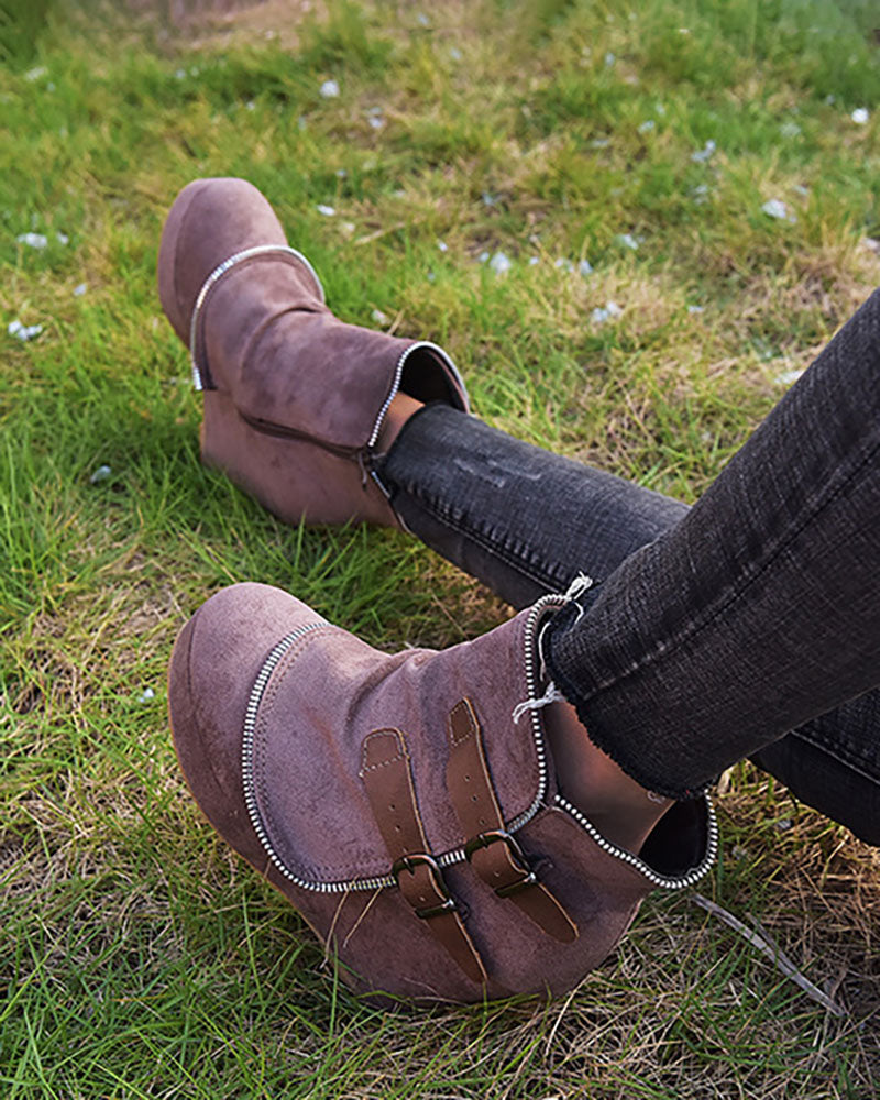 Pointed wedge heel belt buckle zip-up boots