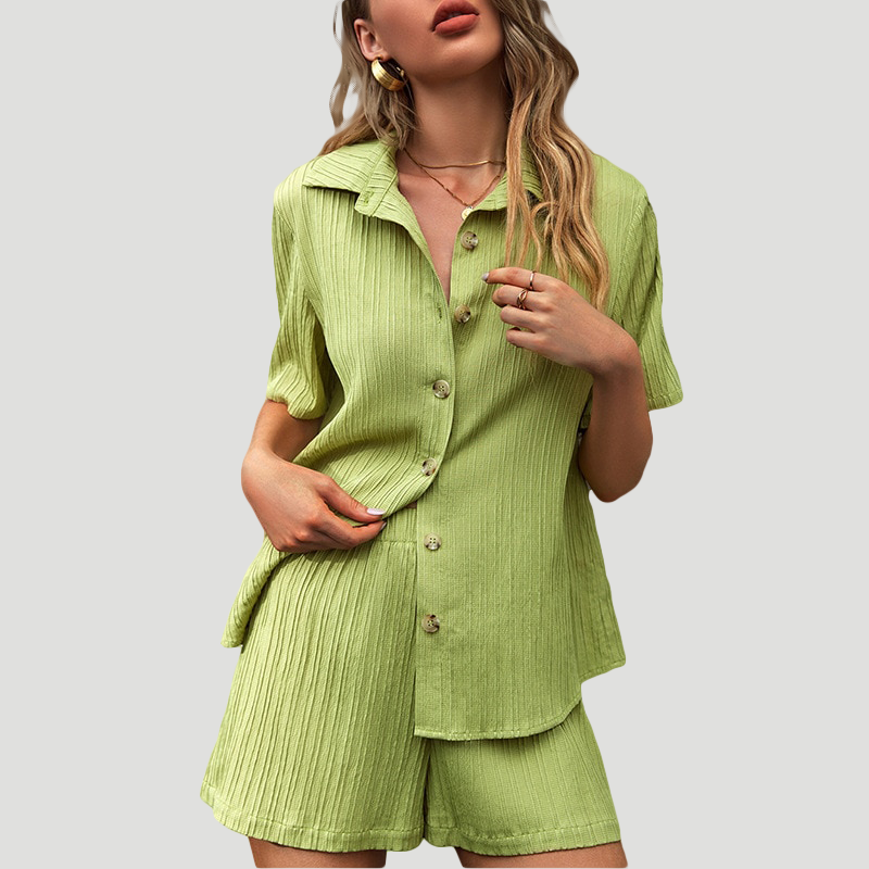 Green Elegant Set with Shirt Blouse and Shorts - Clara