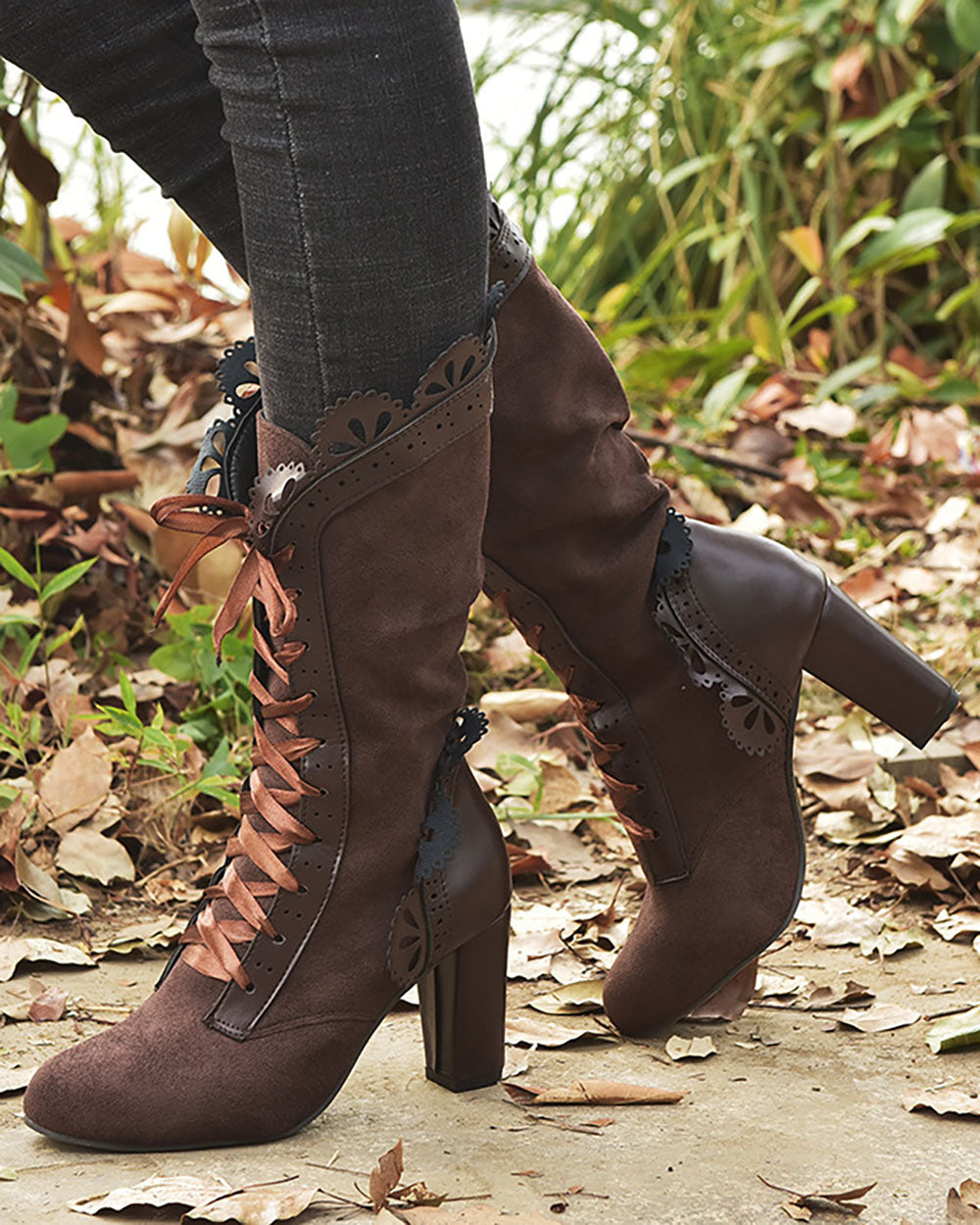 Hollow edge lace-up high heel mid-calf boots