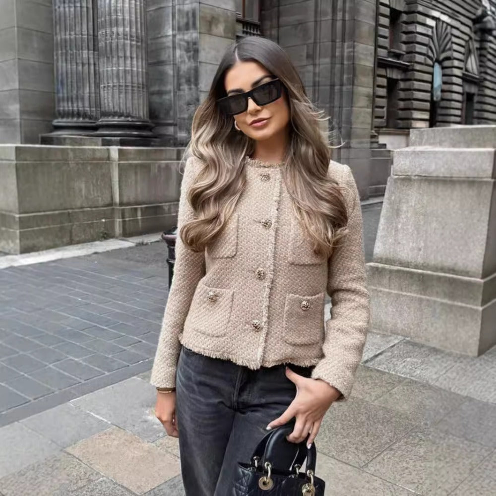 Tweed Button Up Long Sleeve Jacket for Women - Gianna