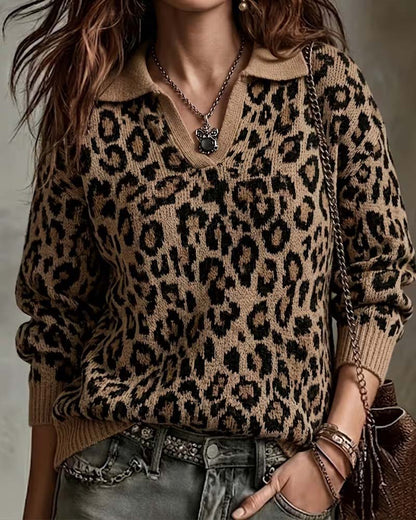 Pullover Revers Leopard V-Ausschnitt