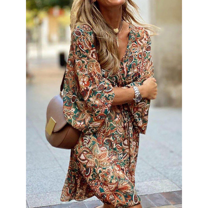 Patterned dress in brown and green - Lea