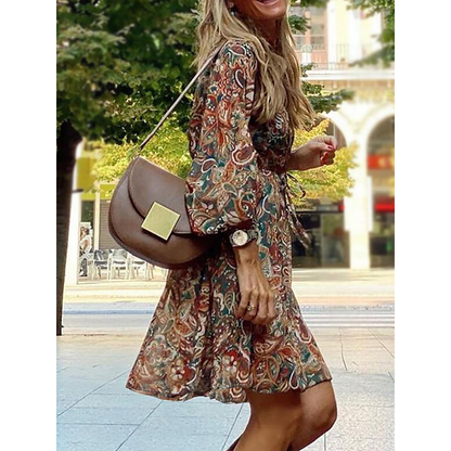 Patterned dress in brown and green - Lea