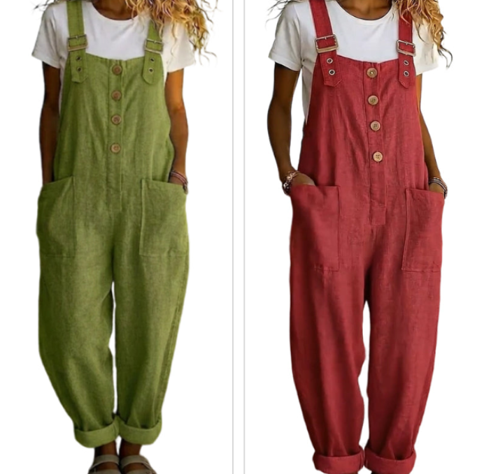 👖JETZT 50 % RABATT! 🌿 Lässige Damen-Latzhose mit Knopfleiste – Verstellbare Träger, atmungsaktives Material & bequeme Passform