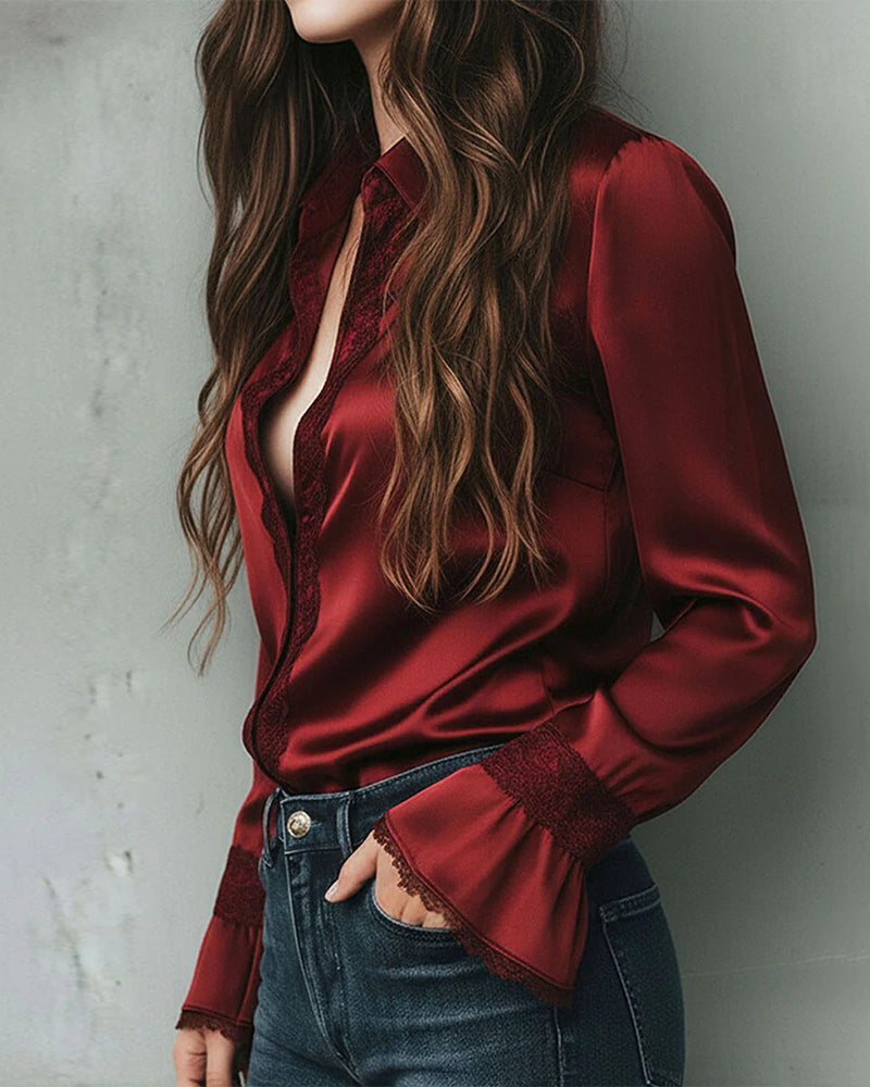 Bluse Satin Spitzeneinsatz Revers