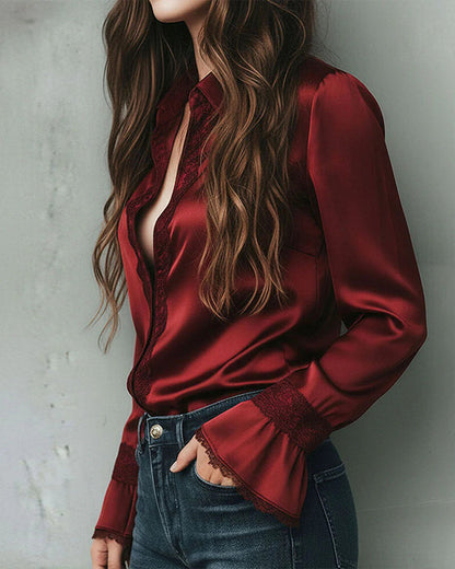 Bluse Satin Spitzeneinsatz Revers