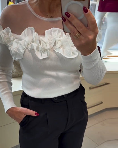 Top Mesh Gespleißt Rüschen Langarm