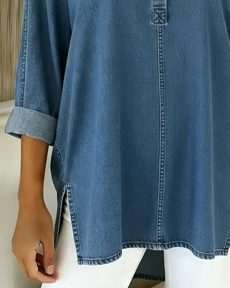 Top geknöpft V-Ausschnitt Denim