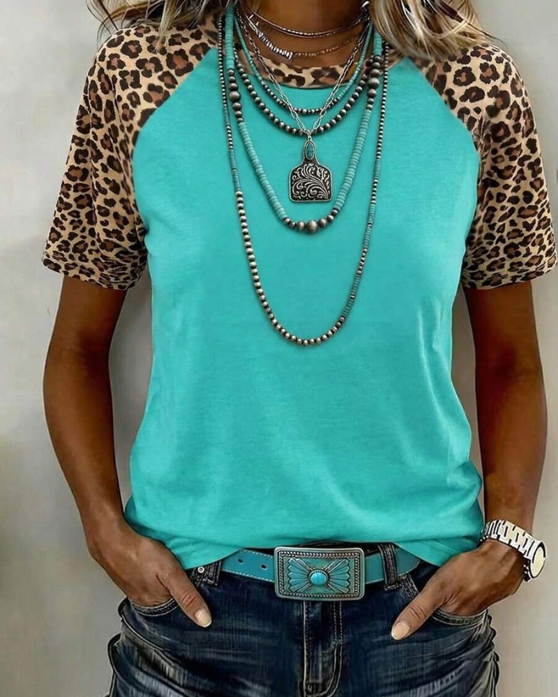 T-Shirt Leopardenprint Patchwork Raglanärmel