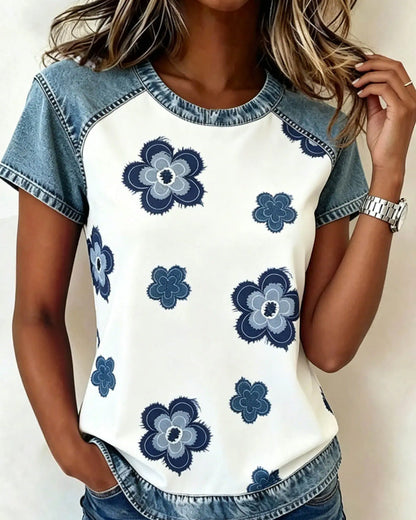 Bluse Denim Patchwork Blumenprint