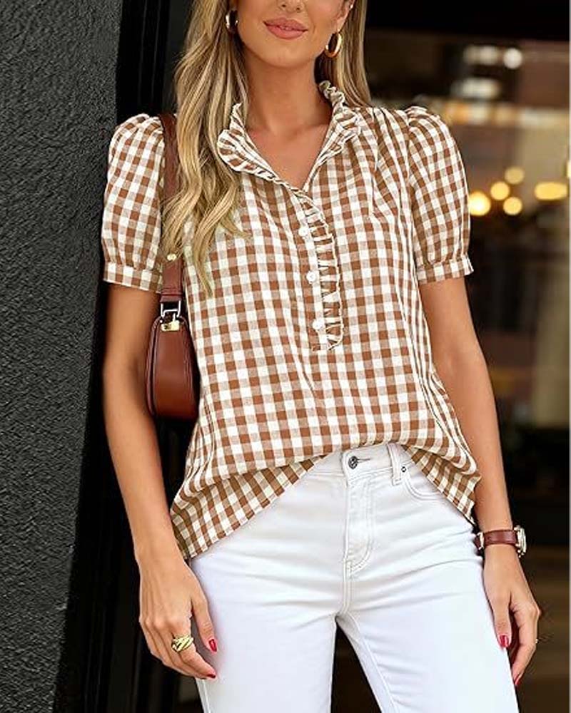 Bluse Karo Puff Kurzarm