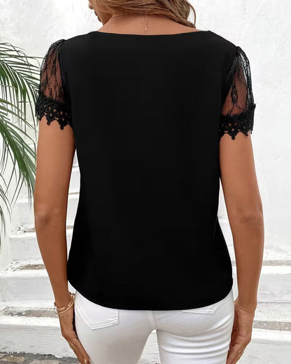 T-Shirt Ablegekragen Spitze Kurzärmlig