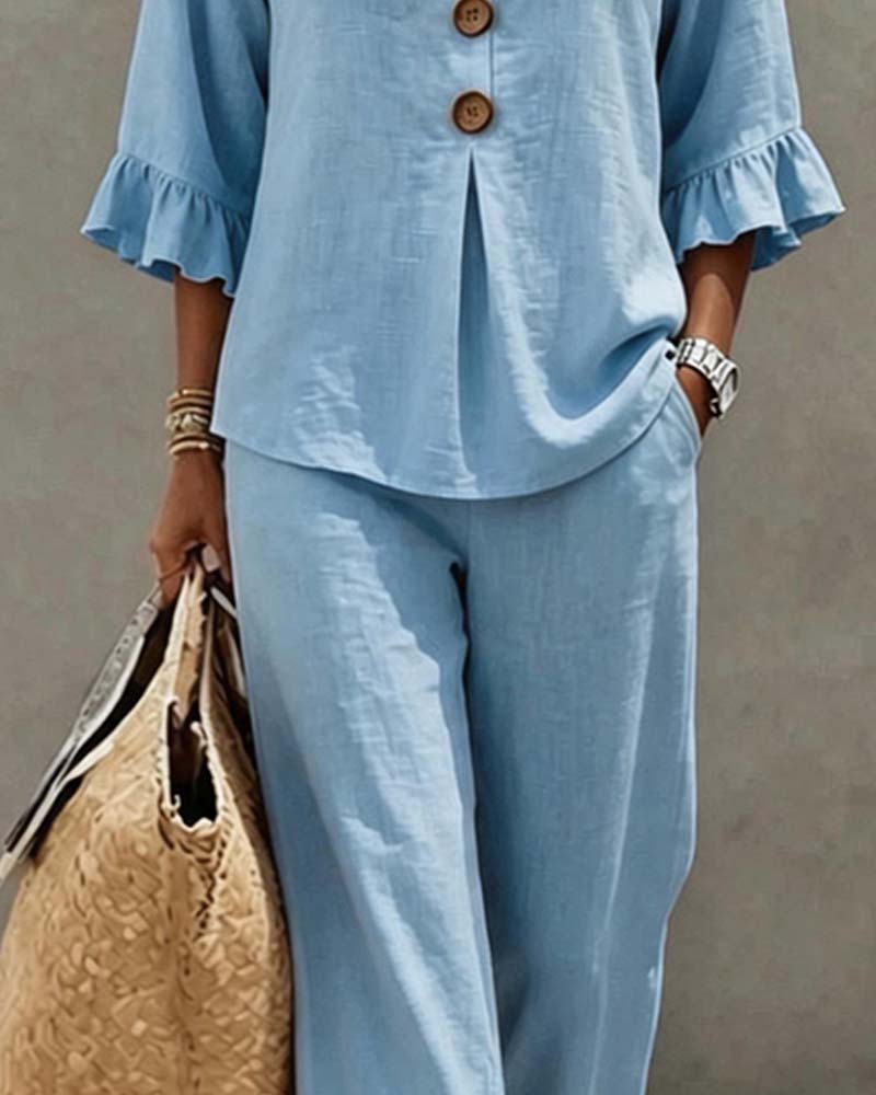 Set Rüsche Drei Knopf Bluse Weite Bein Hose