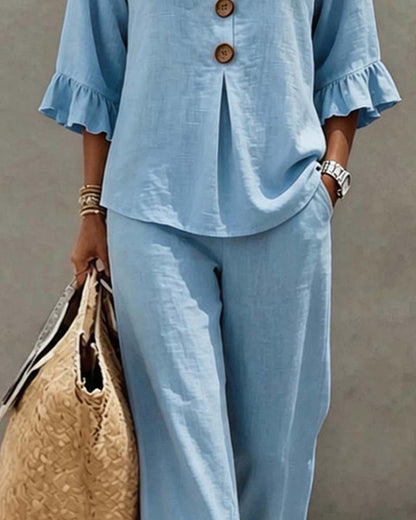 Set Rüsche Drei Knopf Bluse Weite Bein Hose