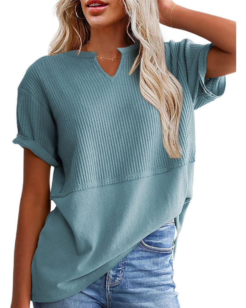 T-Shirt Tailliert Patchwork V-Ausschnitt Pullover