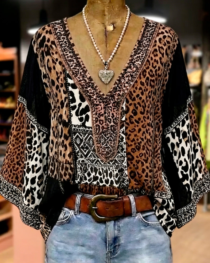 Bluse Leopard Patchwork Laterne Ärmel