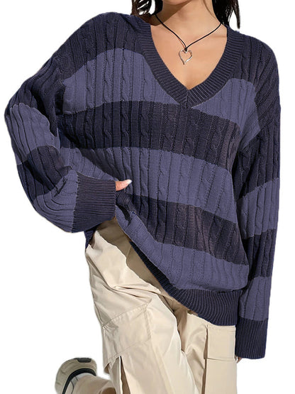 V Neck Loose Contrast Stripes Casual Sweaters/V-Ausschnitt Lose Kontraststreifen Freizeitpullover