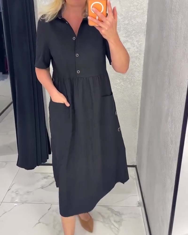 Kleid Schwarz Mit Kragen Geknöpft Taillenbetonend