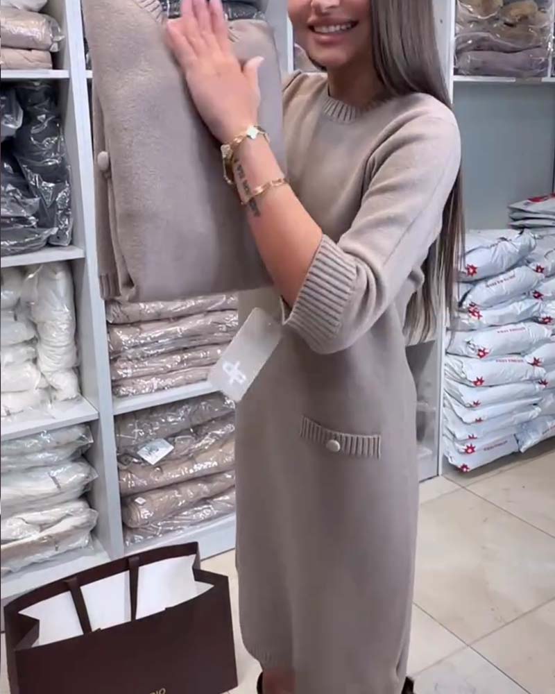 Pullover Kleid Rundhals Ellenbogenlang Ärmel