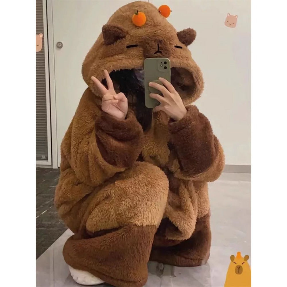 Brown Fleece Hooded Dressing Gown with Animal Ears for Women - Paola