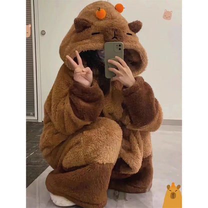Brown Fleece Hooded Dressing Gown with Animal Ears for Women - Paola